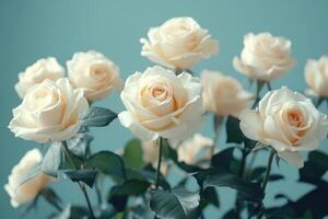 Bouquet of blooming white roses on teal background conveys purity and romance photo