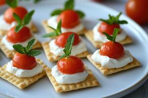 Cherry tomatoes and mint leaves topping cream cheese spread on crackers photo