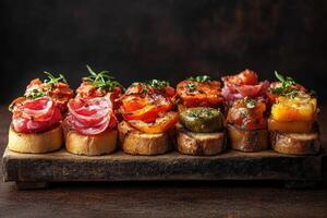 Delicious italian appetizer, bruschetta bar with various toppings on toasted baguette slices photo