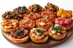 Delicious assorted bruschetta with various toppings on wooden board photo