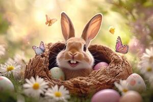 Easter bunny smiling in nest with colorful eggs and butterflies photo