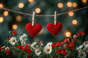 Two red hearts hanging on a string with flowers and bokeh lights creating romantic atmosphere photo