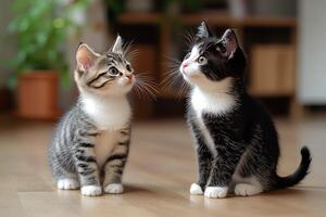 Two adorable kittens sitting and looking up in a home setting photo