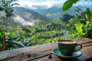 Steaming cup of coffee overlooking lush green coffee plantation in the mountains photo