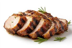 Slices of grilled duck breast resting on white background photo