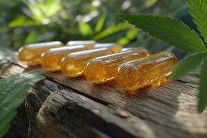 Medical cannabis capsules resting on rustic wood with fresh leaves photo