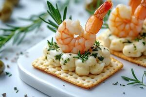 Delicious shrimp appetizer with cream cheese, capers, and rosemary on cracker photo