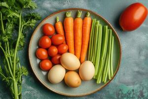 Fresh vegetables, eggs and tomato creating healthy meal on green plate photo