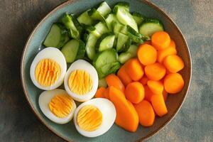 Boiled eggs with sliced cucumbers and carrots creating a healthy meal photo