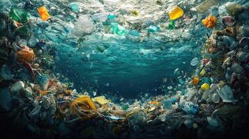 Plastic garbage floating underwater in a polluted ocean photo