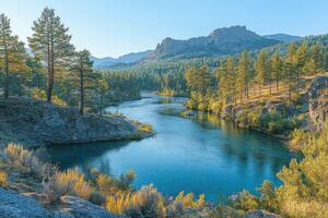 Spokane river flowing through evergreen forest in riverside state park at sunset photo
