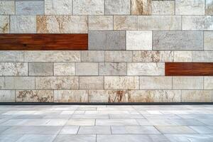 Modern building exterior showing stone wall with wood inserts and tiled floor photo