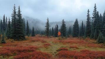 Fog rolling over red meadow and pine trees in autumn forest photo