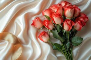 Bouquet of beautiful coral roses lying on silk background photo