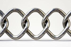 Interlocking metal chain links forming strong connection on white background photo