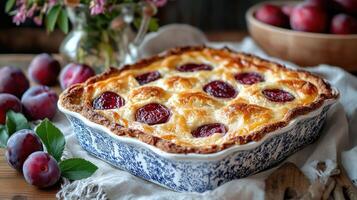 Freshly baked plum cake cooling on table with fresh plums and flowers photo