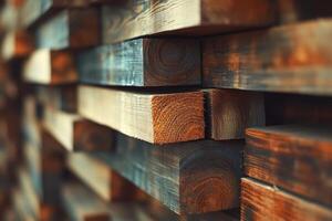 Stack of squared timber showing growth rings creating abstract pattern photo