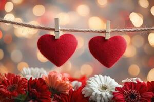 Two red hearts hanging on a string with flowers and bokeh lights creating romantic atmosphere photo