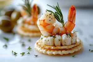 Delicious shrimp appetizer with cream cheese, capers, and rosemary on cracker photo