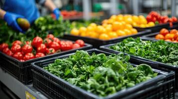 Food processing worker sorting fresh vegetables and fruits in crates at organic food factory photo