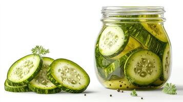 Sliced pickled cucumbers preserved in jar displaying culinary craftsmanship photo