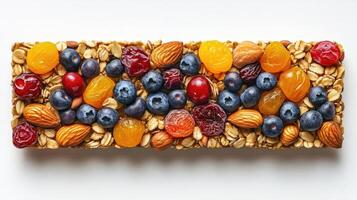 Granola bar ingredients arranged in rows, forming a vibrant and healthy snack display photo