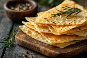 Crispy homemade flatbread with rosemary and thyme on wooden cutting board photo