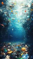 Plastic pollution contaminating ocean water with garbage and waste photo
