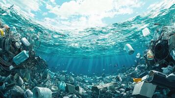 Plastic garbage floating underwater in a polluted ocean photo