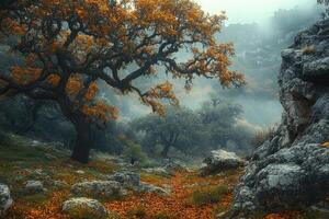 Golden autumn leaves falling on a misty forest path photo