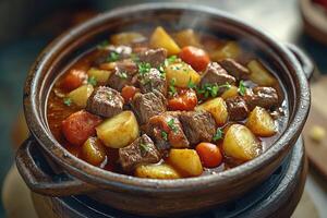 Steaming beef stew simmering in rustic earthenware pot with potatoes and carrots photo