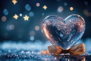 Crystal heart reflecting on a sparkling surface with golden ribbon and star photo