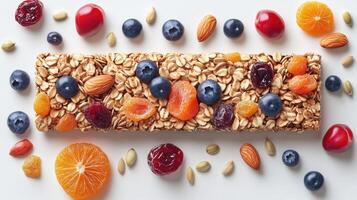Healthy granola bar with nuts, berries and dried fruits on white background photo