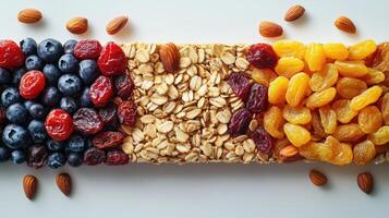 Granola bar ingredients arranged in rows, forming a vibrant and healthy snack display photo