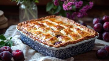Freshly baked plum cake cooling on table with fresh plums and flowers photo