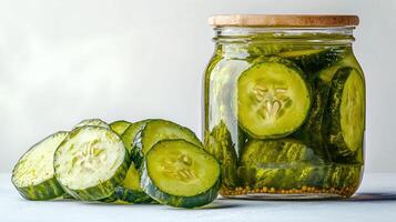 Sliced pickled cucumbers preserved in jar displaying culinary craftsmanship photo