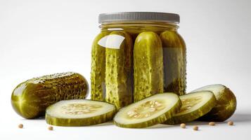 Sliced pickled cucumbers preserved in jar displaying culinary craftsmanship photo