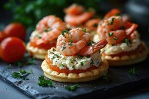 Delicious shrimp appetizers with cream cheese and tomato on crackers photo