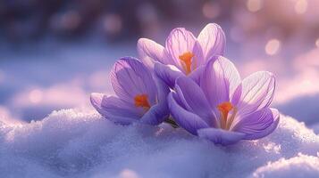 Purple and white crocuses blooming in the snow during early spring photo