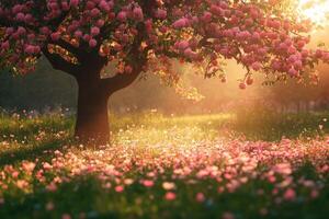 Blooming cherry tree illuminating flower field at sunrise photo