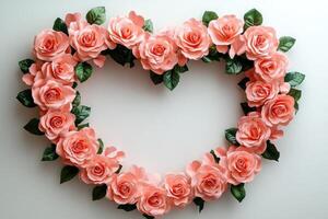 Peach roses forming heart shape on white background photo