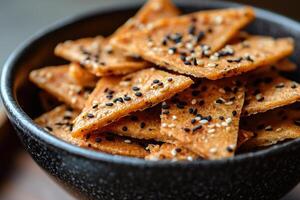 Homemade triangular cookies with sesame seeds in a bowl photo
