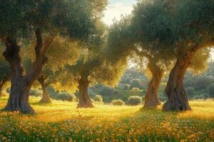 Olive trees growing in a field of yellow flowers at sunset photo