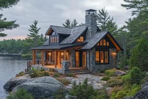 Luxurious lake house nestled in tranquil forest setting at dusk photo