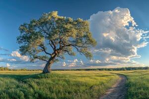 Large lonely tree dominating green meadow under cloudy sky photo