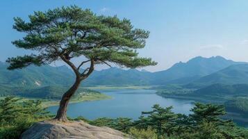 Korean pine tree growing on a cliff overlooking a valley in south korea photo