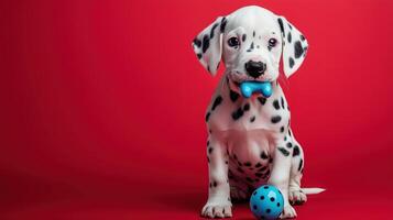 Cute Dalmatian puppy with bright eyes on a red background photo