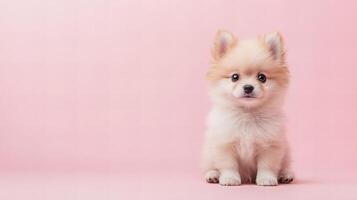Adorable Fluffy Pomeranian Puppy Sitting in Front of Pink Pastel photo
