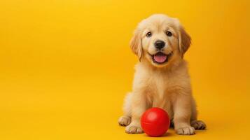 Fluffy Golden Retriever Puppy Holding Red Rubber Ball in Bright Yellow Setting photo