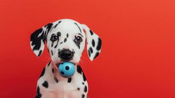 Cute Dalmatian puppy with black spots against a red background photo